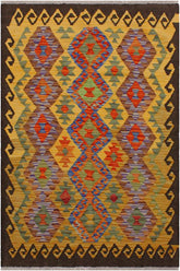 Flat Weave Kilim Antique Navaho Vintage handmade Geometric Kilim Brown Gold Hand-Woven Rectangle 100% Wool Area Rug 3x5